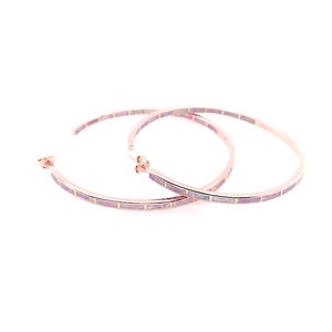 Huge Pink Fire Opal Inlay 18kt Rose Gold Plated over 925 Sterling Silver Hoop Earrings 2"