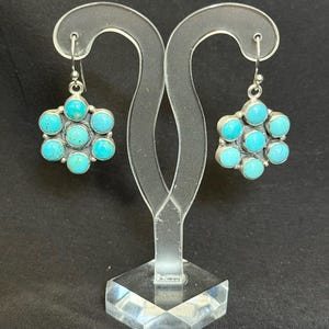Genuine Kingman Turquoise 925 Sterling Silver Southwestern Cluster Dangle Earrings