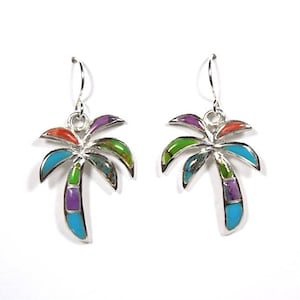 Handcrafted Multicolor Turquoise Inlay 925 Sterling Silver Palm Tree Earrings
