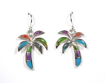 Handcrafted Multicolor Turquoise Inlay 925 Sterling Silver Palm Tree Earrings
