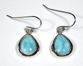 Genuine AAA Dominican Republic Larimar Set On 925 Sterling Silver Dangle Earrings