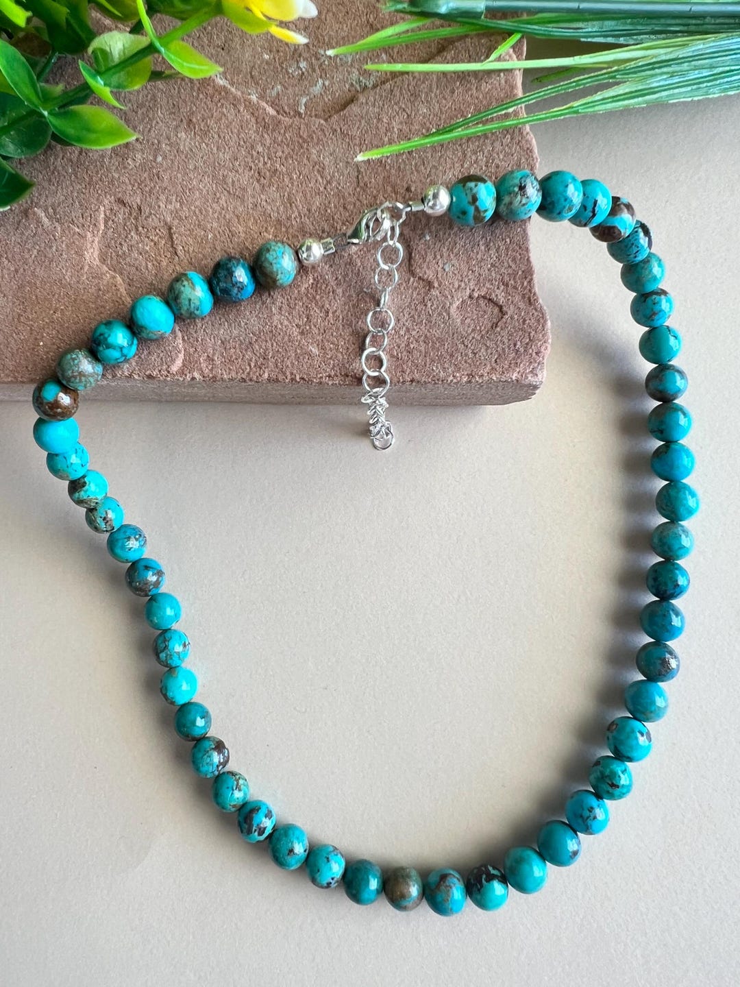 8mm Genuine Natural Morenci Turquoise Bead Necklace 17'' Long