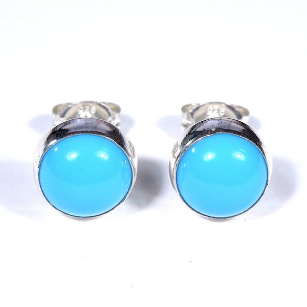 Handmade 6mm Round Sleeping Beauty Turquoise Genuine 925 Sterling Silver Stud Post Earrings- Made in USA