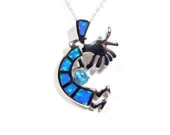 Blue Topaz and Fire Opal inlay sterling silver Kokopelli Pendant necklace 18'' long