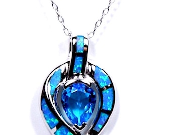 Blue Topaz & Blue Fire Opal Inlay Solid 925 Sterling Silver Pendant Necklace 18''