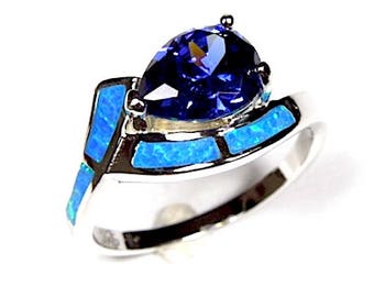 Tanzanite & Blue Fire Opal Inlay 925 Sterling Silver Ring Sizes 6, 7, 8, 9