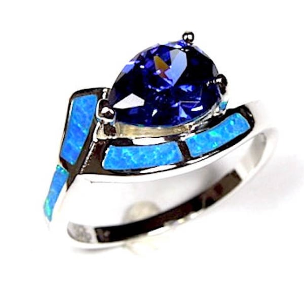 Tanzanite & Blue Fire Opal Inlay 925 Sterling Silver Ring Sizes 6, 7, 8, 9