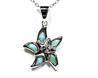 Natural AAA Dominican Larimar Inlay 925 Sterling Silver Starfish Pendant & 18'' silver Italy Chain Necklace