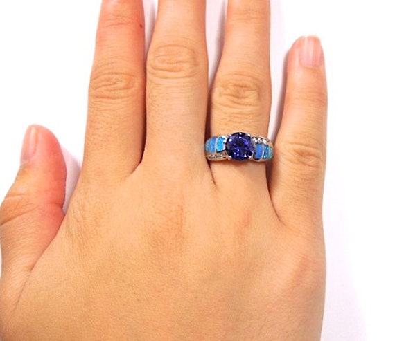 Carat Round Tanzanite Blue Fire Opal Inlay 925 Sterling Silver Ring  size Free shipping in USA