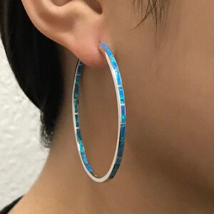 Handcrafted Huge Blue Fire Opal Inlay 925 Sterling Silver Hoop Earrings 2'' wide 53mm