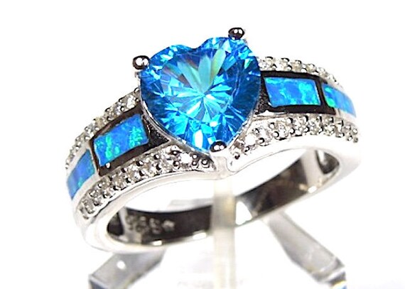 Heart Blue Topaz Blue Fire Opal Ring Sz Genuine