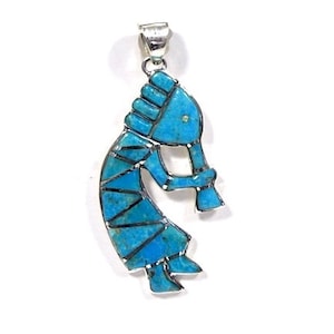Kingman Turquoise Inlay 925 Sterling Silver Southwestern Style Kokopelli Pendant Necklace