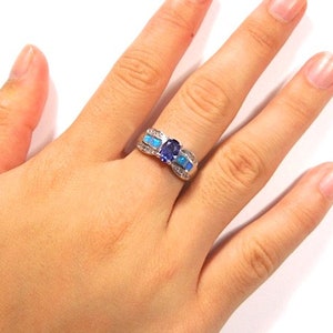 Tanzanite & Blue Fire Opal Inlay Sterling Silver Ring Sizes 6,7,8,9