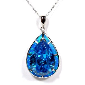 Huge Blue Fire Opal & Blue Topaz Inlay 925 Sterling Silver Pendant Necklace 20''. Free shipping in USA