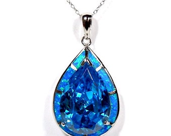 Xtremegems Peruvian Blue Opal & Blue Topaz 925 Silver Pendant Jewelry 1 3/8 28057P 