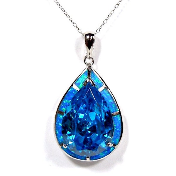 Huge Blue Fire Opal & Blue Topaz Inlay 925 Sterling Silver Pendant Necklace 20''. Free shipping in USA