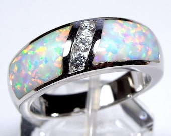 White Fire Opal Inlay 925 Sterling Silver Men's Woman Band Ring Sizes 6,7