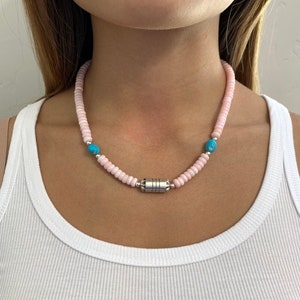 Rondelle Pink Conch, Turquoise & Sterling Silver Southwest Necklace 18&#39;&#39; long. Handmade necklace