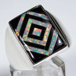 White Fire Opal and Black Onyx Inlay Sterling Silver Men&#39;s Ring size 9 - 12