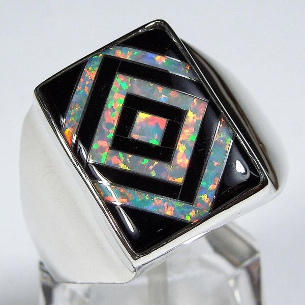 White Fire Opal and Black Onyx Inlay Sterling Silver Men's Ring size 9 - 12