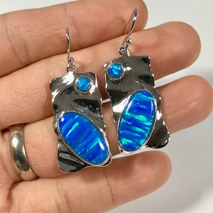 Blue Fire Opal Solid 925 Sterling Silver Dangle Earrings. Free ship in USA