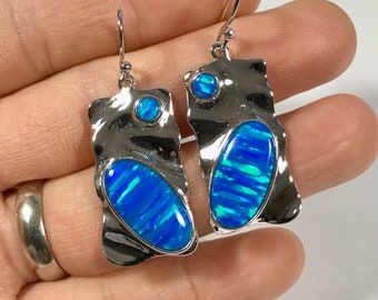 Blue Fire Opal Solid 925 Sterling Silver Dangle Earrings. Free ship in USA