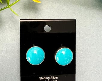 Round Stabilized Turquoise Post Stud Earrings 11mm Antiqued Sterling Silver Round Stabilized Turquoise Post Stud Earrings 11mm Antiqued Sterling Silver