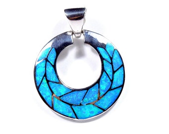 Blue Fire Opal Genuine 925 Sterling Silver Disc Pendant For Necklace