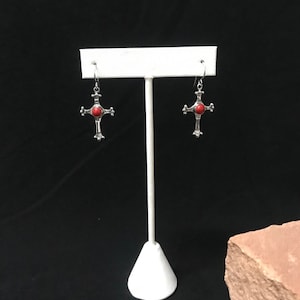 Red Coral 925 Sterling Silver Cross Earrings. Made in USA