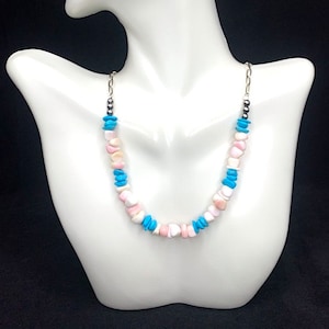Pink Conch, Turquoise & Sterling Silver Necklace 17.5'' long. Handmade necklace