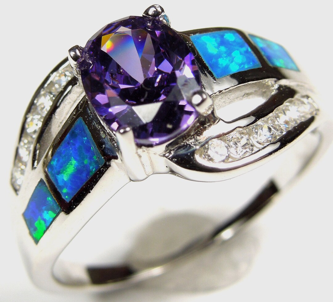 Amethyst & Blue Fire Opal Inlay Genuine 925 Sterling Silver