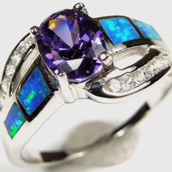 Amethyst & Blue Fire Opal Inlay Genuine 925 Sterling Silver Ring size 6,7,8,9,10