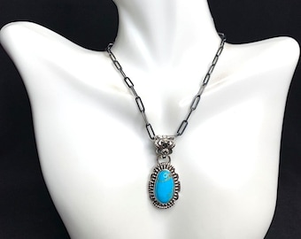 Handmade Sleeping Beauty Turquoise 925 Sterling Silver Pendant Necklace 18'' long. Paper clips chain