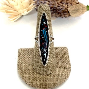 Long Multicolor & Black Onyx 925 Sterling Silver Galaxy Inlay Ring size 7