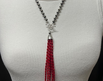 Sterling Silver Navajo Pearl Necklace With Red Coral Tassle 22” long