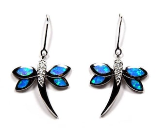 Blue Fire Opal Inlay Genuine 925 Sterling Silver Dragonfly Dangle Earrings. Free Ship In USA