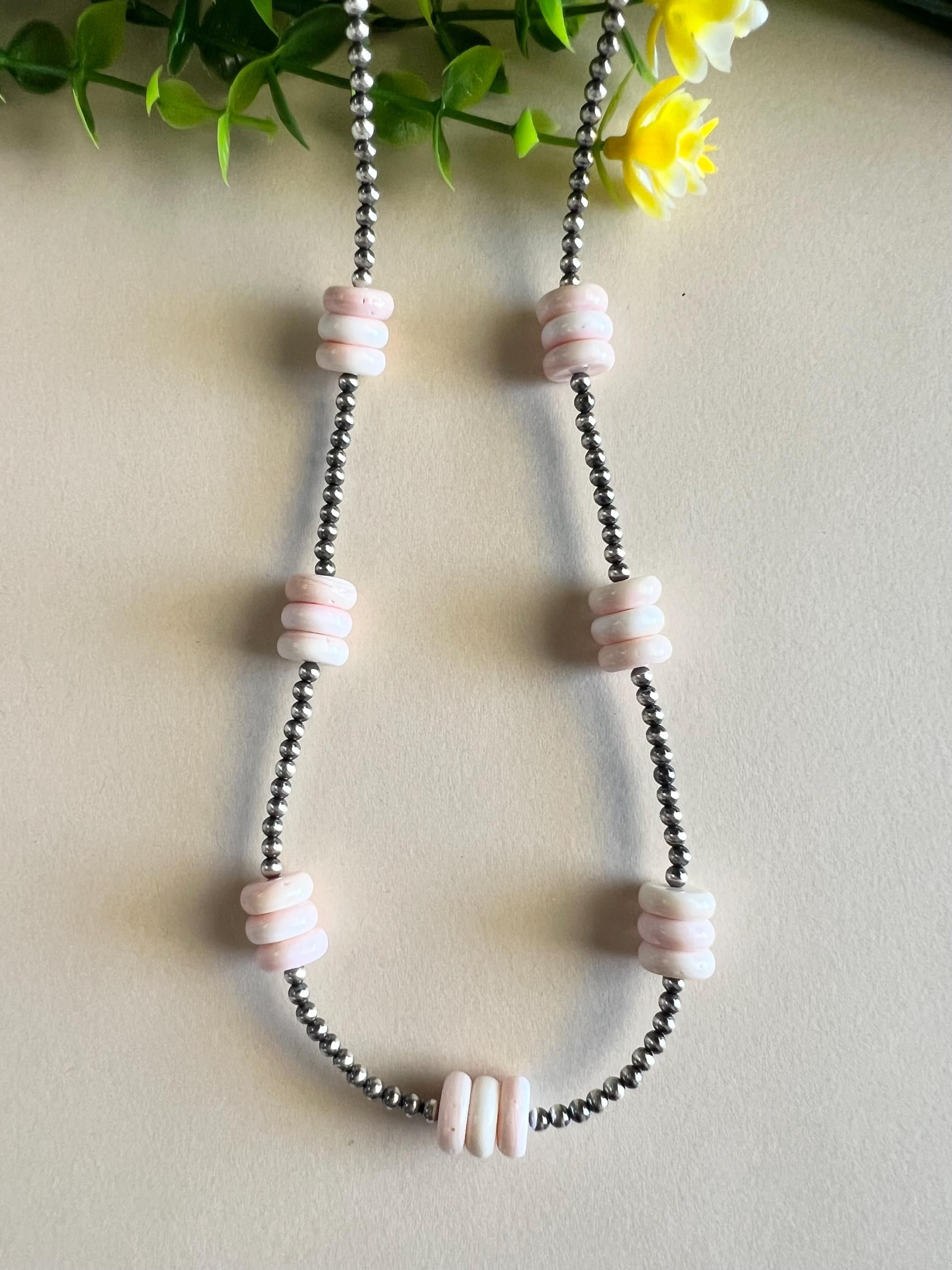 Sterling Silver Navajo Pearl Beads and Pink Conch Shell Necklace 