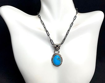 Handmade Sleeping Beauty Turquoise 925 Sterling Silver Pendant Necklace 18'' long. Paper clips chain