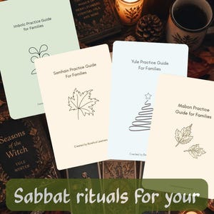 May include: Four rectangular practice guides for families with titles Imbolc, Samhain, Yule, and Mabon. Each guide features a simple line drawing of a plant, leaf, or tree and the text Created by Barefoot Learners on a light-colored background.