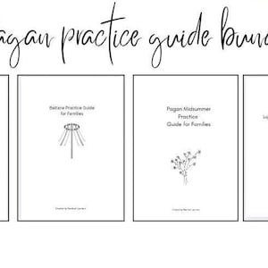 Könnte beinhalten: Ein Bundle aus vier weißen Pagan-Praktiken-Guides für Familien. Jeder Guide hat ein anderes saisonales Thema mit minimalistischen Strichzeichnungen eines Kaninchens, einer Maistange, Blumen und einer Sonne. Der Titel "Pagan practice guide bundle" ist in eleganter Schrift geschrieben.