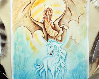 Original dragon picture "Dragon and Unicorn" 24 x 32 cm