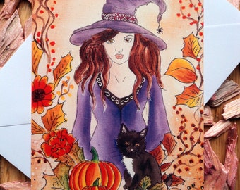 Limitierte Auflage: Postkarte Samhain Hexe mit Katze 10x15 cm inkl. Umschlag