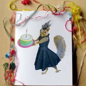 Carte d'anniversaire imprimable gâteau robe écureuil, carte d'anniversaire écureuil numérique