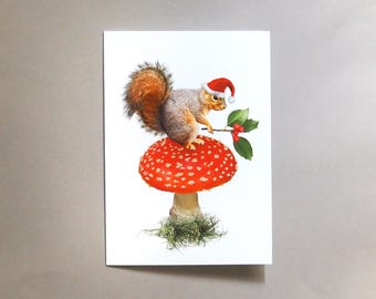 Santa Squirrel on Red and White Mushroom Glittered Christmas Card