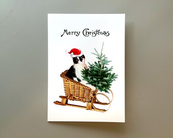 Cat in Sleigh with Christmas Tree Card