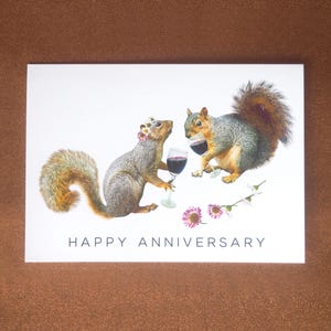 Anniversary Squirrels Card, Squirrels with Flowers and Wine Anniversary Card