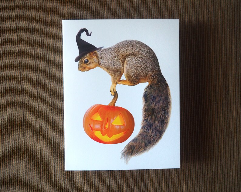 Witch Squirrel with Jack-o-Lantern Printable Halloween Card, Digital Squirrel Halloween Card image 2