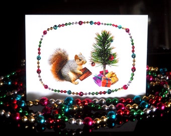 Squirrel with Little Tree Christmas Card, Glitter Squirrel Christmas Card