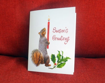 Squirrel with Red Candle Printable Season's Greetings Card, Digital Squirrel Christmas Card