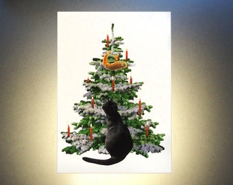 Black Cat with Squirrel in Tree Christmas Card